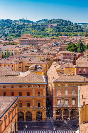 Aerial panoramic cityscape of Bologna, Italy,  above rooftops of  typical houses, ancient buildings and medieval towersのeditorial素材