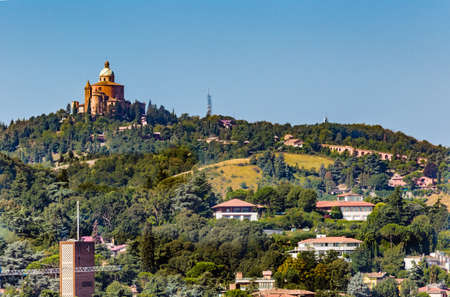 panoramic view of rooftops and hills in Bologna, Italyの写真素材