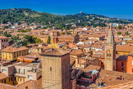 Aerial panoramic cityscape of Bologna, Italy,  above rooftops of  typical houses, ancient buildings and medieval towersのeditorial素材