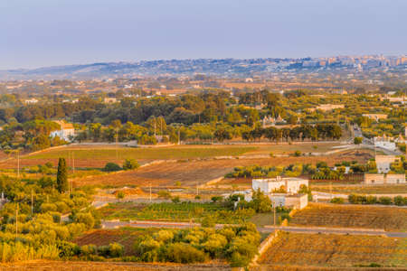 cultivated fields and white houses in the Itria Valley in Pugliaの写真素材
