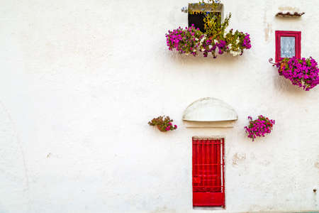 hanging petunias from windows of old white houses in Southern Italyの写真素材