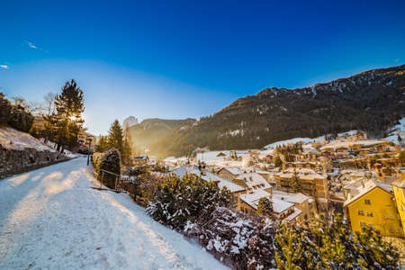 promenade with view on Alpine village in Italyの写真素材