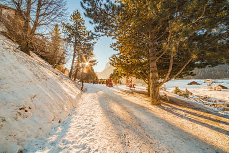 promenade with view on Alpine village in Italyの写真素材