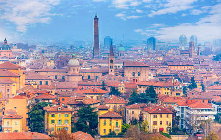 cityscape of Bologna in winter fogの写真素材