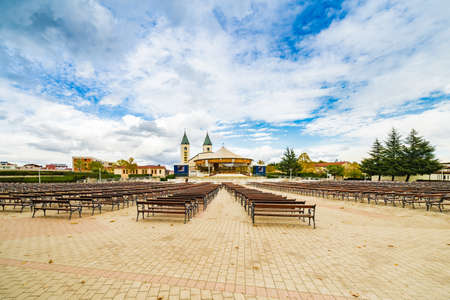 wooden benches of Catholics Churchの写真素材