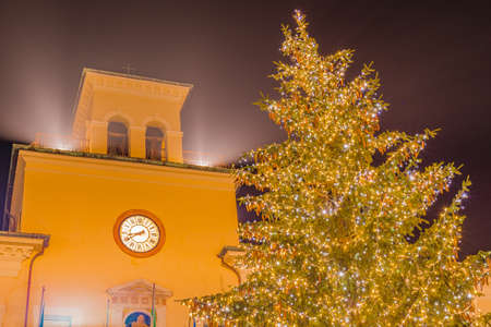 decorations and holiday lights in an Italian villageの写真素材