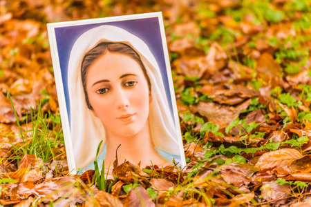 icon of the Blessed Virgin Mary on an autumnal carpet of leavesの写真素材