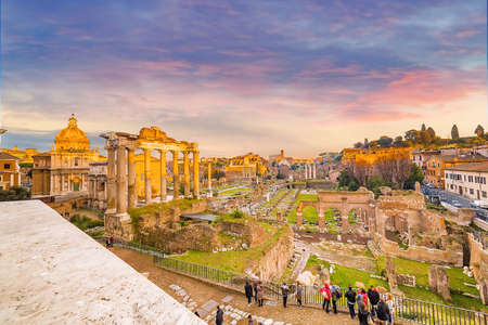 sunset above the ancient ruins of the Roman Forumのeditorial素材