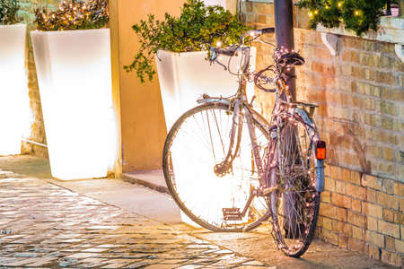 Christmas lights on bicycleの写真素材