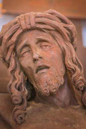 detail of sculpture of the Crucifixion of Jesus Christ with crown of thornsの写真素材