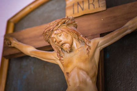 detail of sculpture of the Crucifixion of Jesus Christ with crown of thornsの写真素材