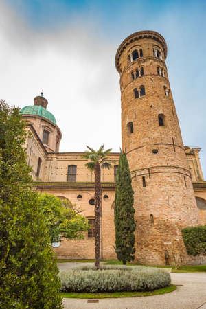 Church steeple of the Metropolitan Cathedral of the Resurrection of Our Lord Jesus Christ in Ravenna in Italyの写真素材