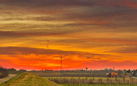 winter sunset on fields of country landscape in Italyの写真素材