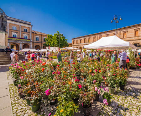 Flower fair in medieval village in Italyのeditorial素材