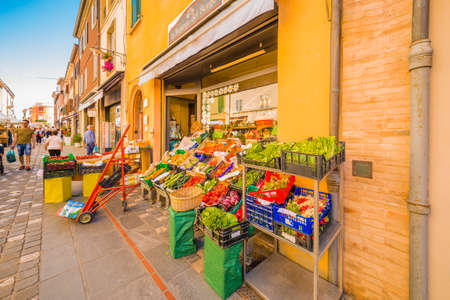 fruit and vegetable shop on the streets of a medieval village in Romagnaのeditorial素材