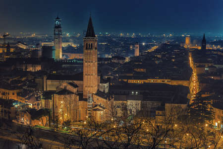 skyline of Verona city in Italy at nightの写真素材
