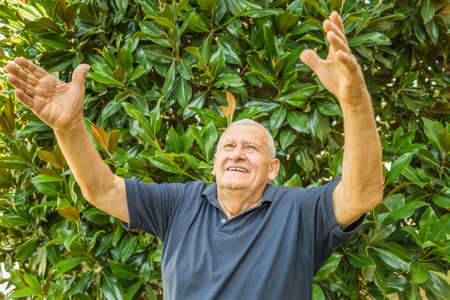 old man raising arms to the sky on green leaves backgroundの写真素材