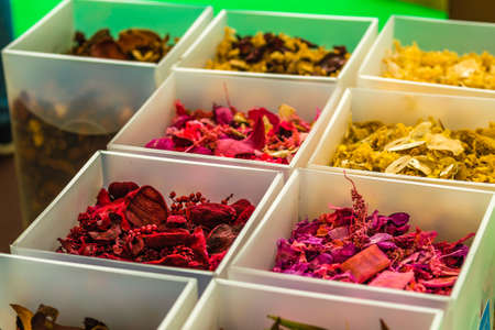 colorful scented potpourri in white boxes