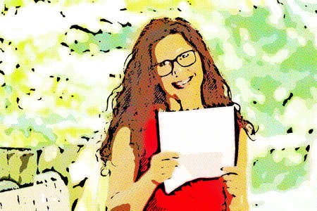gorgeous middle-aged woman in a red dress and long brown wavy hair is reading a paper and smiling while wearing a pair of nerdy eyeglasses in a gardenの写真素材