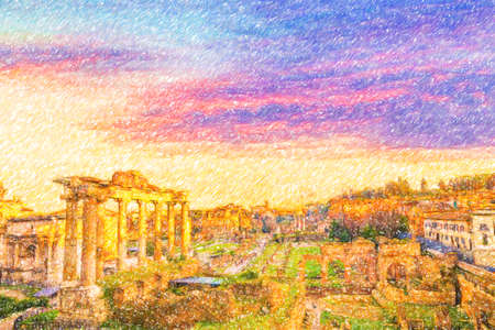 sunset above the ancient ruins of the Roman Forumの写真素材