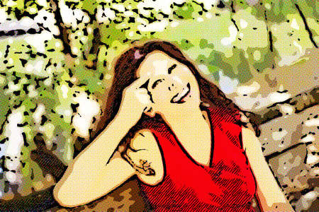 environmental portrait of beautiful woman in red dress with long wavy hair resting and smiling while thoughtfully sitting on a park bench and keeping her finger on frontの写真素材