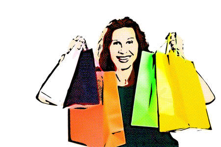 Happy mature woman with wrinkles showing colorful shopping bags isolated onnwhite backgroundの写真素材