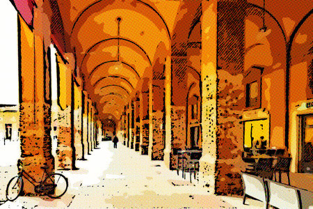 bicycle and ancient arcade in Italy at sunsetの写真素材