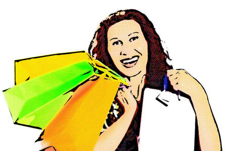 Happy mature woman with wrinkles showing colorful shopping bags isolated on white backgroundの写真素材