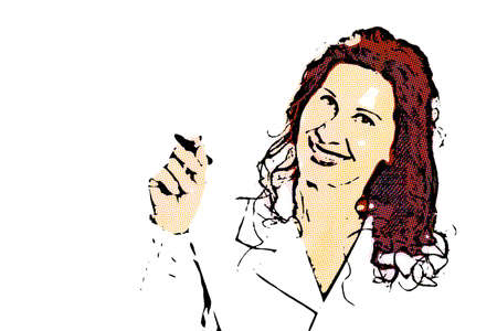 Beautiful doctor woman in medical gown writing in the air with a brown pen isolated in whiteの写真素材