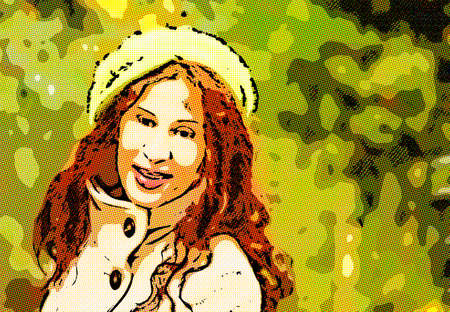 old menopausal woman with green hat in park in autumnの写真素材