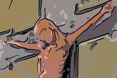 Details of  a wooden sculpture of Jesus Christ in crossの写真素材