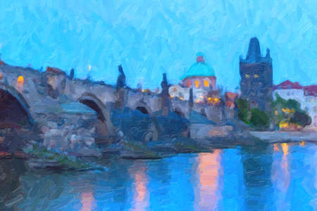 A night view of the river Vltava and Karlovy Most, the Charles Bridge in Pragueの写真素材