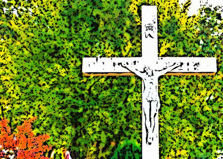 Autumn View of the Krizevac (Cross) Mountain in Medjugorje in Bosnia ed Erzegovina: brownish trees, green weeds, orange and yellow leaves and grey rocksの写真素材