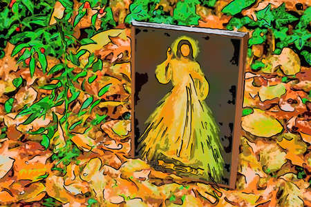 an icon with the picture of the Merciful Jesus among fallen leaves in Autumn: the translation of the...