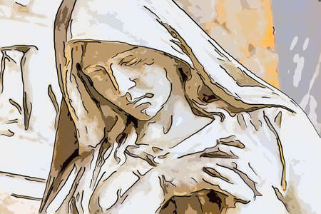 face of statue of grieving woman with her hands clasped in prayerの写真素材