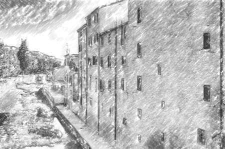 the fresh waters of a small creek bathing a typical small hill village in the countryside of Romagna in Northern Italy bring back to a natural and quiet lifestyleの写真素材