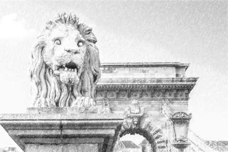 Lion on Chain Bridge on the Danube River in Budapest, Hungaryのeditorial素材