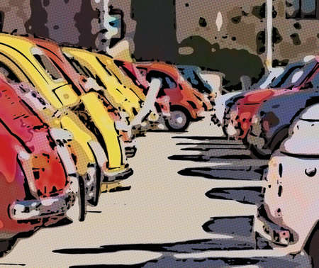 Vintage Car with bright colors, Italian cars parked in rowsの写真素材