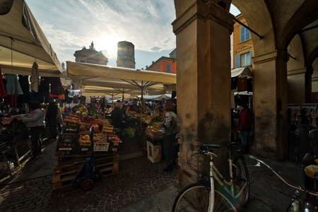 weekly street market in Little Square of Reggio Emilia in Italyのeditorial素材