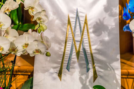 MEDJUGORJE, BOSNIA AND HERZEGOVINA - NOVEMBER 4: - logo of Medjugorje is a symbol for popular destination for pilgrims on Novembre 4, 2017. Every year millions of faithfuls go on a pilgrimage to Medjugorjeのeditorial素材