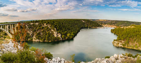 View over the bay of Skradin, ending of Krka river in Croatiaの写真素材