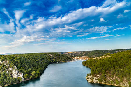 View over the bay of Skradin, ending of Krka river in Croatiaの写真素材