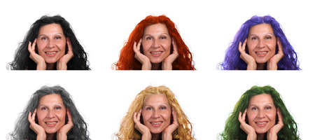 Six different colors of the hair of a mature caucasian woman smiling isolated on white background:...