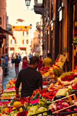 BOLOGNA, ITALY - AUGUST 27:  tourists and locals visiting the stalls in the medieval market on August 27, 2016. The trade vocation of this area known as Quadrilatero, meaning The Quadrangle was born in Middle Agesのeditorial素材