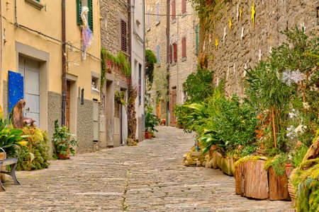 view of Christmas decorations in picturesque street of cozy Italian medieval villageの写真素材