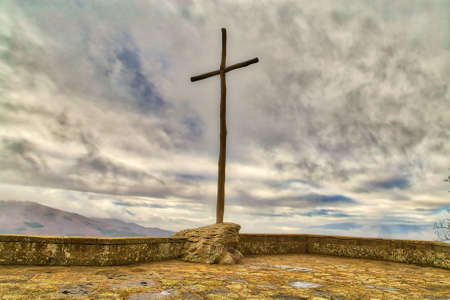 Wooden giant Catholic cross on Panoramic terraceの写真素材