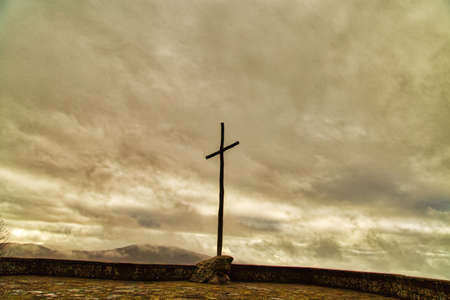 Wooden giant Catholic cross on Panoramic terraceの写真素材
