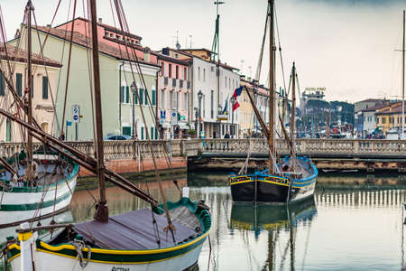 CESENATICO (FC) - FEBRUARY 10, 2018: tourists visit the port canal designed by Leonardo da Vinci in 1502 in Cesenatico, Italyのeditorial素材