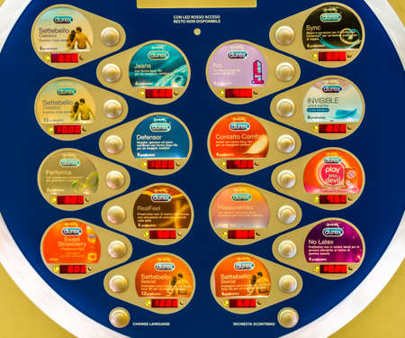 CESENATICO (FC) - FEBRUARY 10, 2018: Durex brand on Italian vending machine. Condoms sales are...