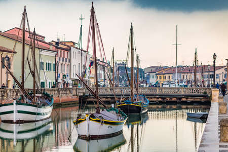 CESENATICO (FC) - FEBRUARY 10, 2018: tourists visit the port canal designed by Leonardo da Vinci in 1502 in Cesenatico, Italyのeditorial素材